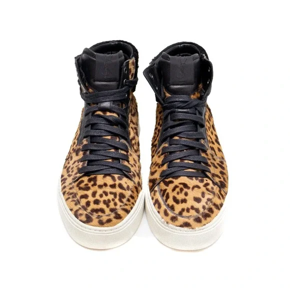 Saint Laurent Men's Leopard Pony Hair Leather‎ High Top Sneakers – Size US 12